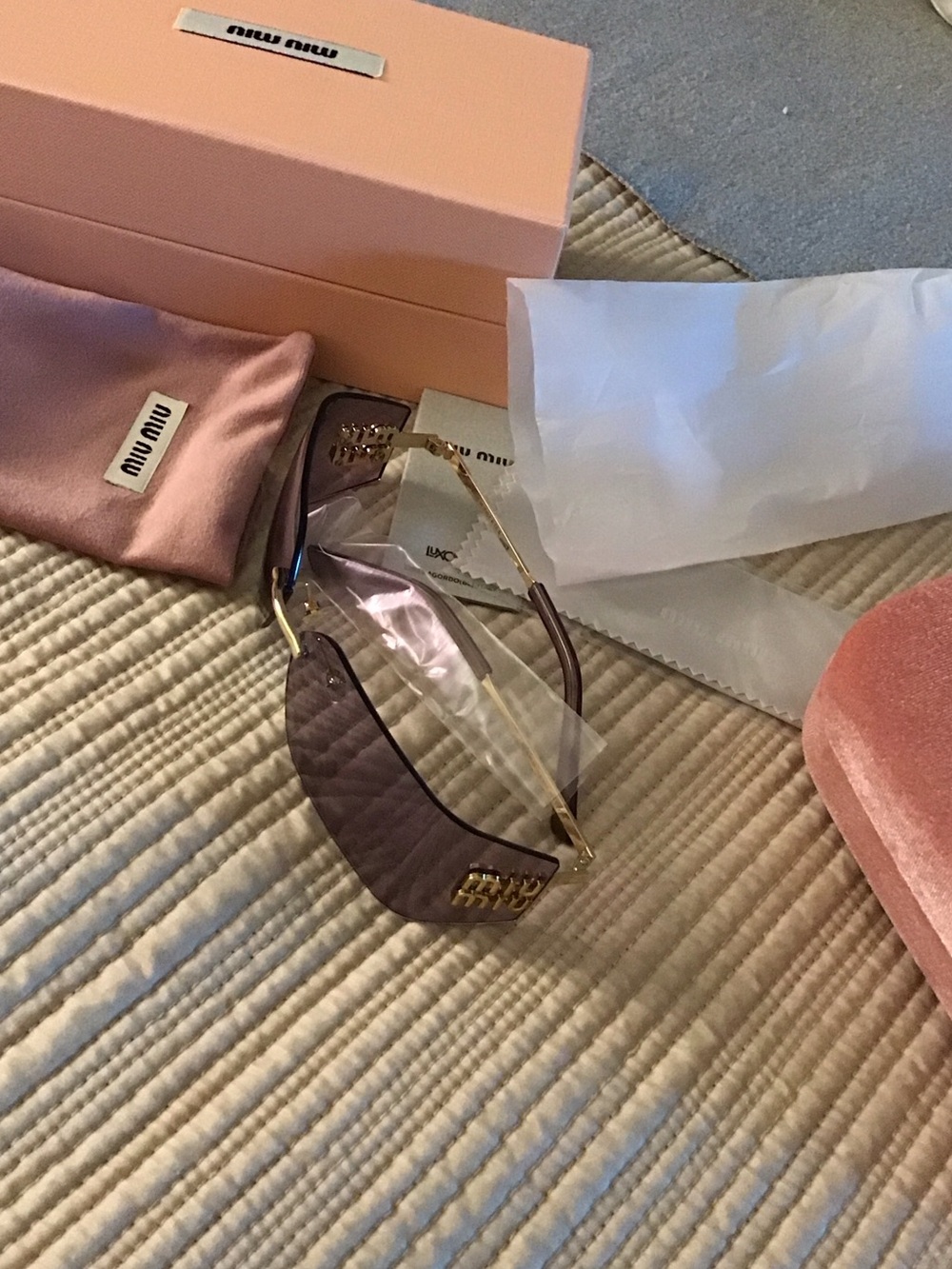 Miu Miu Purple Gradient Rimless Shield Sunglasses with Gold Accents